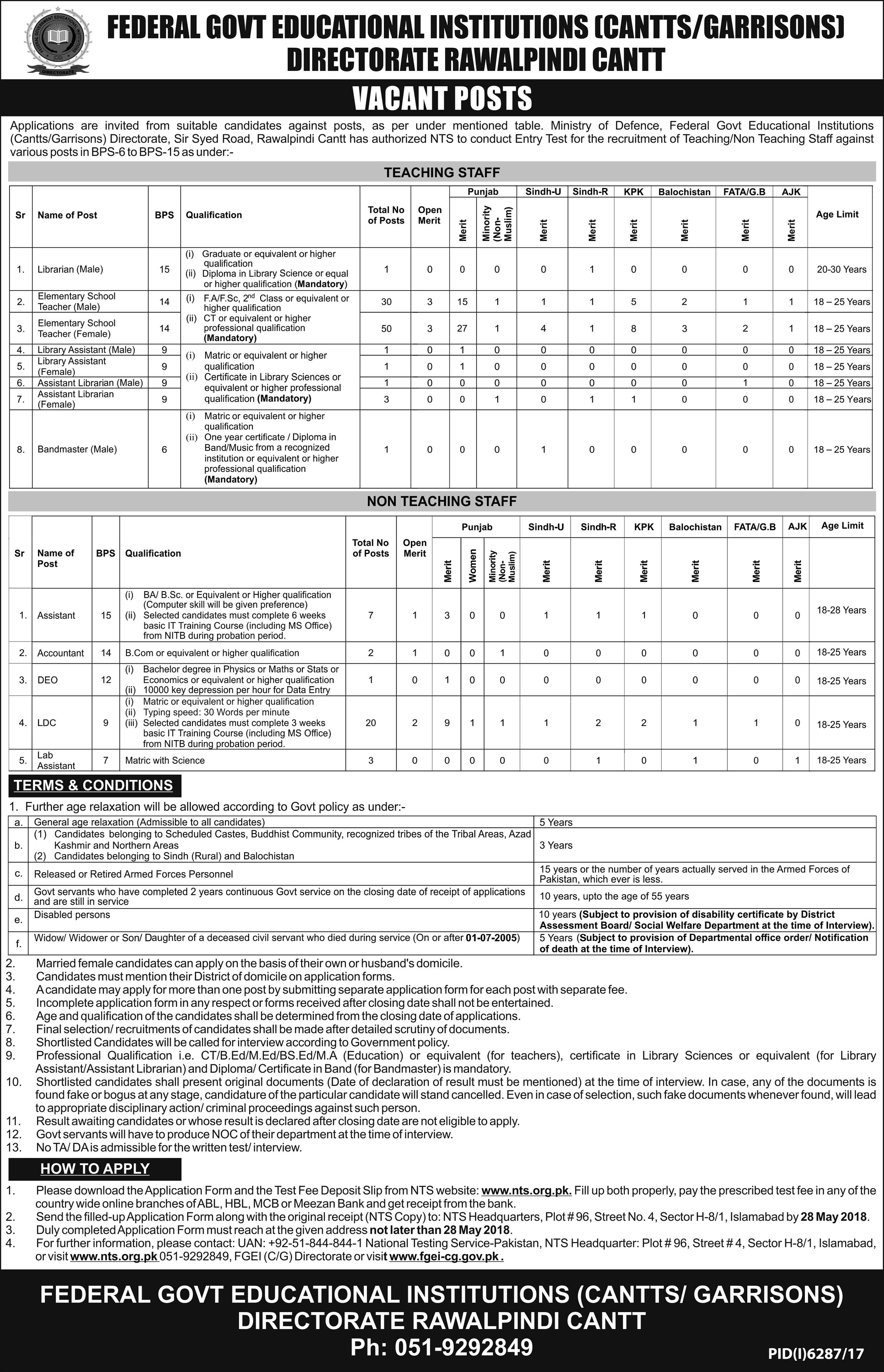 Federal Govt Educational Institutions (Cantts / Garrisons) Directorate NTS Jobs 2018 Online Application Form