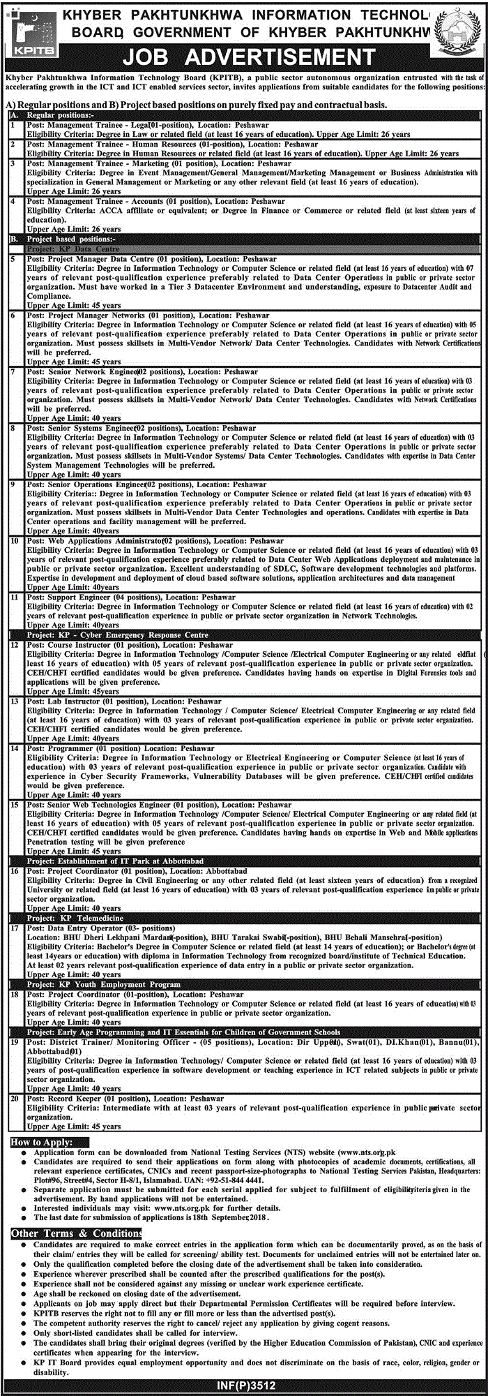 Khyber Pakhtunkhwa Information Technology Board NTS Jobs 2018 Online Application Form
