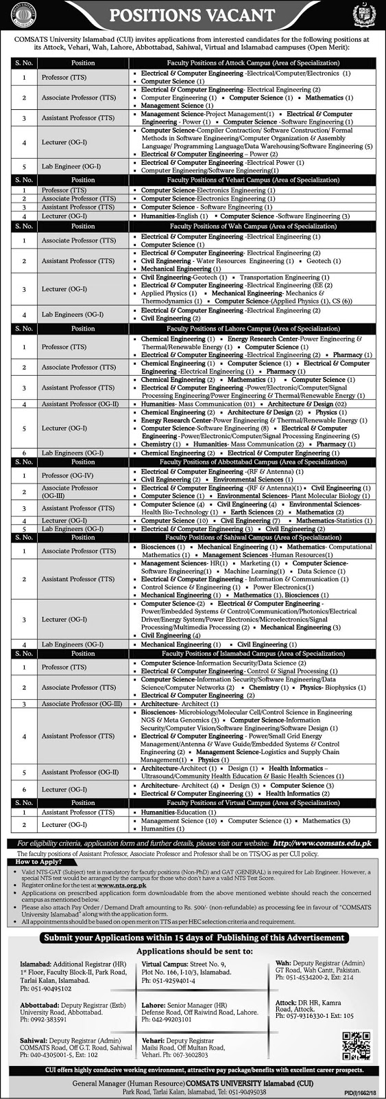 COMSATS University Islamabad NTS Jobs 2018 Apply Online 