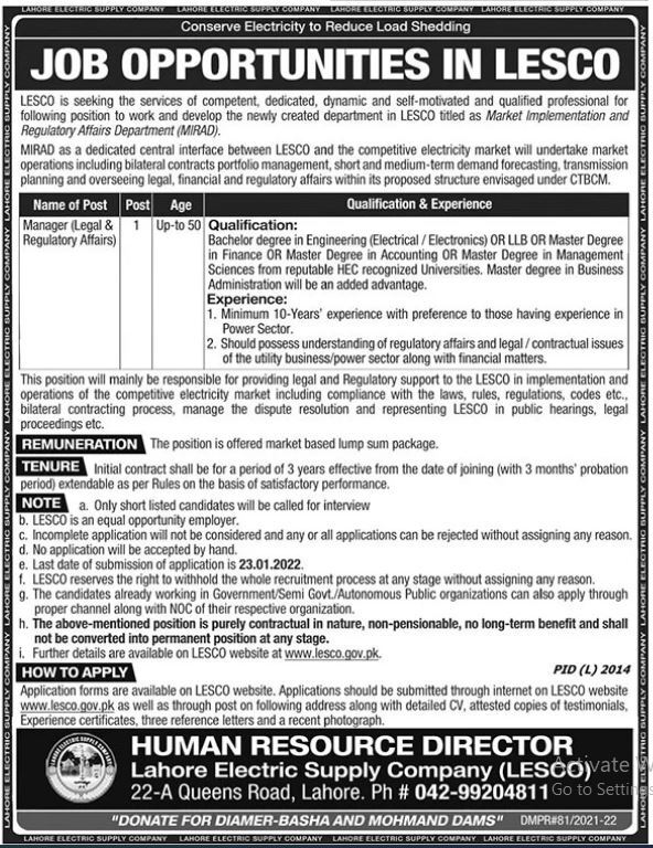Lahore Electric Supply Company LESCO NTS Jobs 2022 Application Form