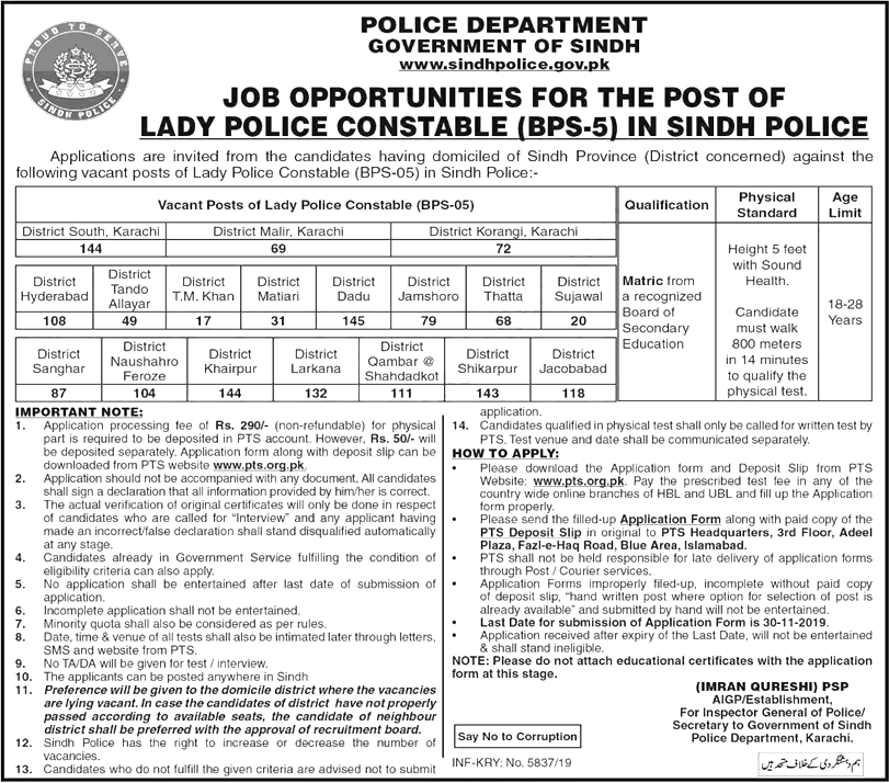 Sindh Police Lady Constable PTS Test Roll No Slip 2021