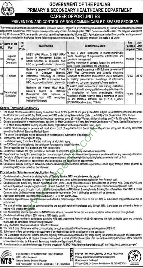 Primary & Secondary Healthcare Department Punjab NTS Jobs 2022 Apply Online