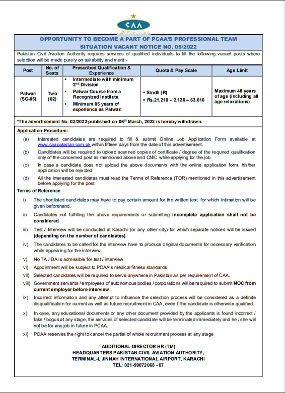 Pakistan Civil Aviation Authority PCAA Jobs 2022 Apply Online Last date