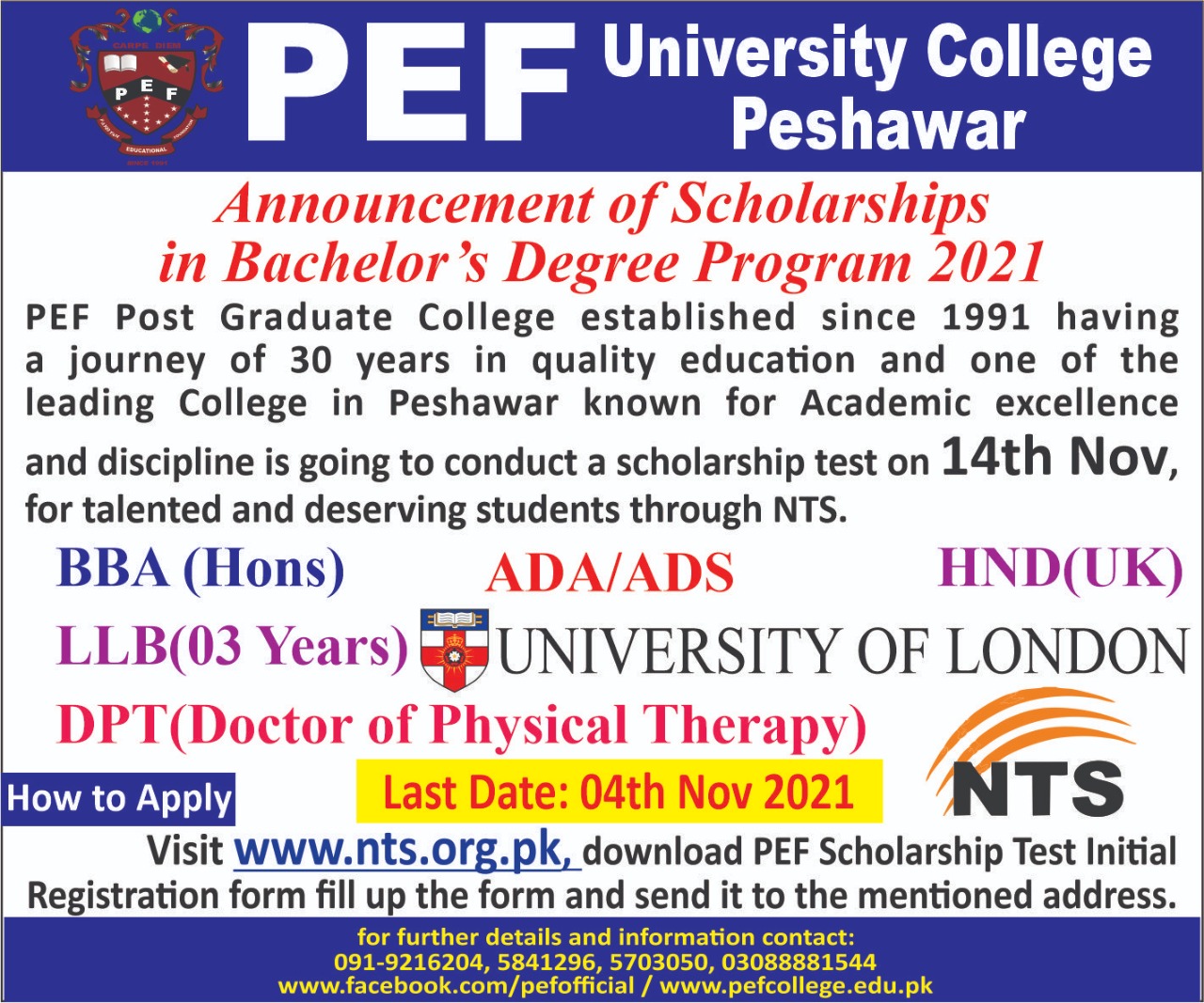 PEF Post Graduate College Peshawar NTS Test Result 2021 Merit List
