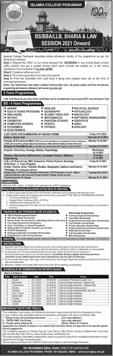 Islamia College Peshawar ICP Admission 2021 Apply Online