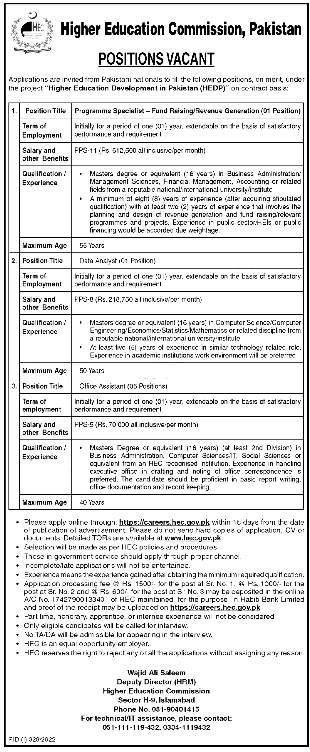 Higher Education Commission HEC jobs 2022 Apply Online Last Date